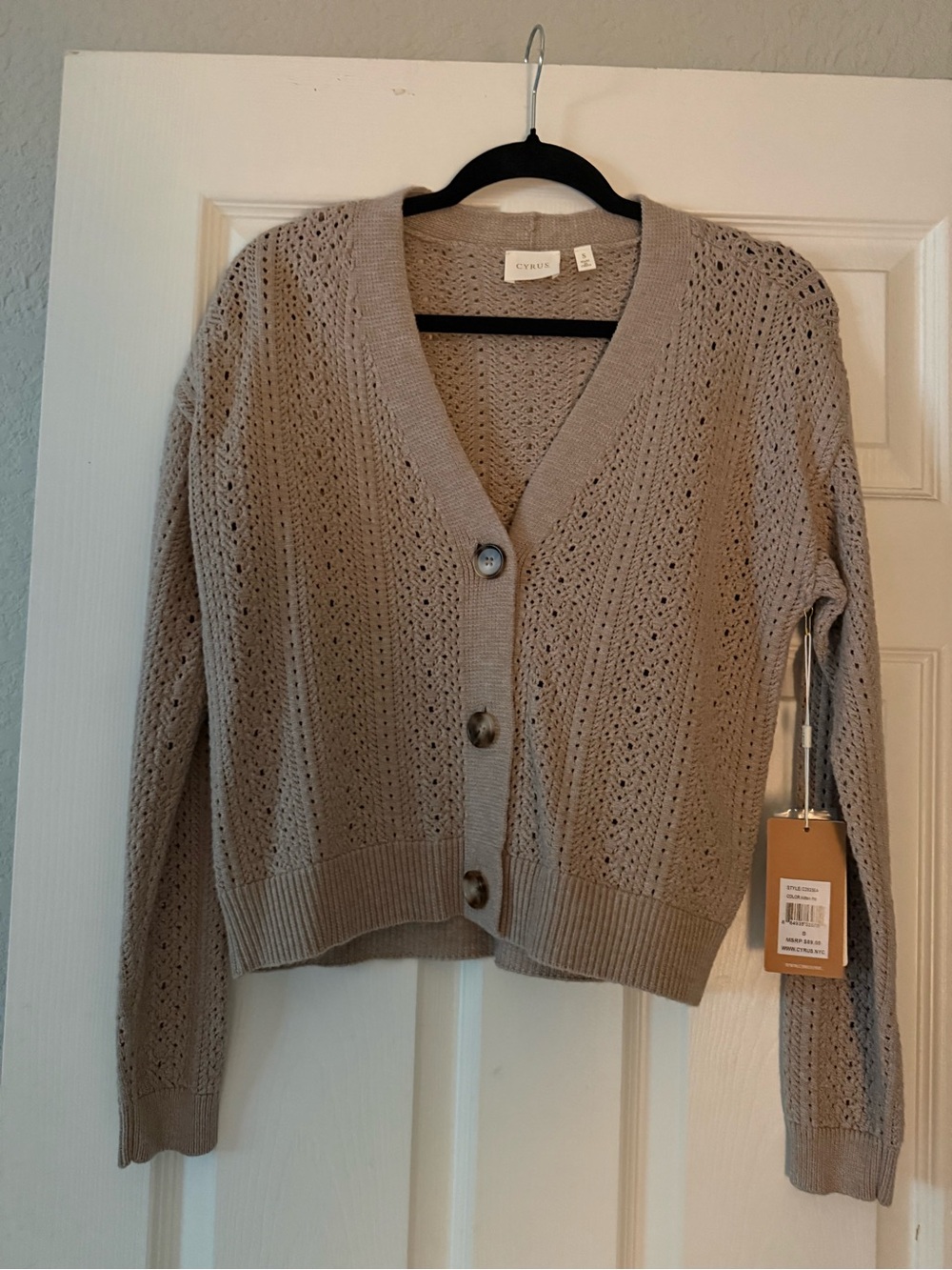 Cyrus Taupe Open-Knit Button Front Cardigan
